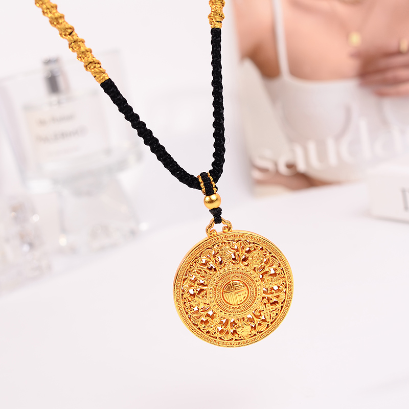 铜合金项链 新中式黑绳八宝罗盘项链女手工编织毛衣链百搭配饰品