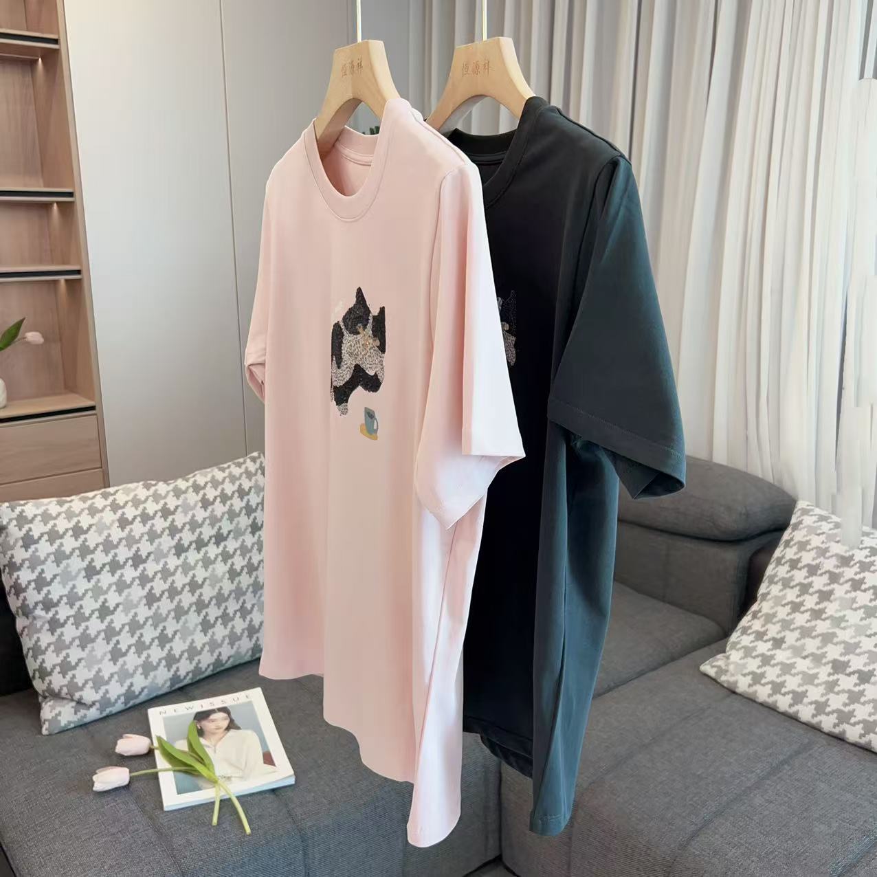 【美姐说】喵星人立体珠片刺绣T恤YH123