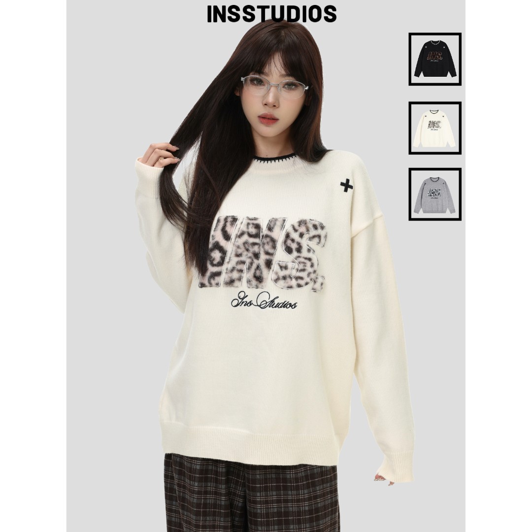 INSstudios国潮美式复古「豹纹贴布绣圆领毛衣」宽松针织衫上衣