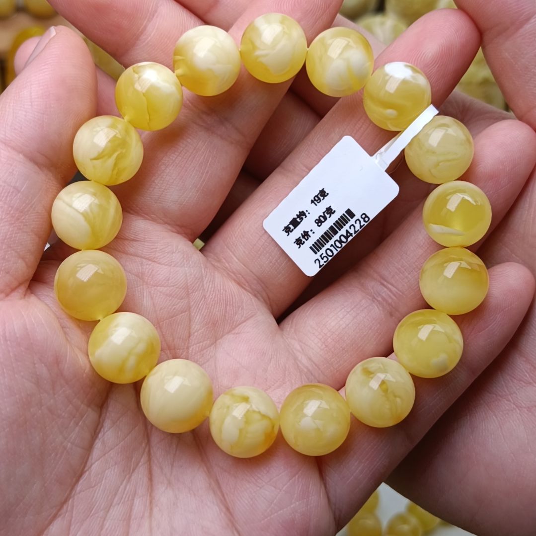 蜜蜡手链未镶嵌12圆珠金白溶洞妖花