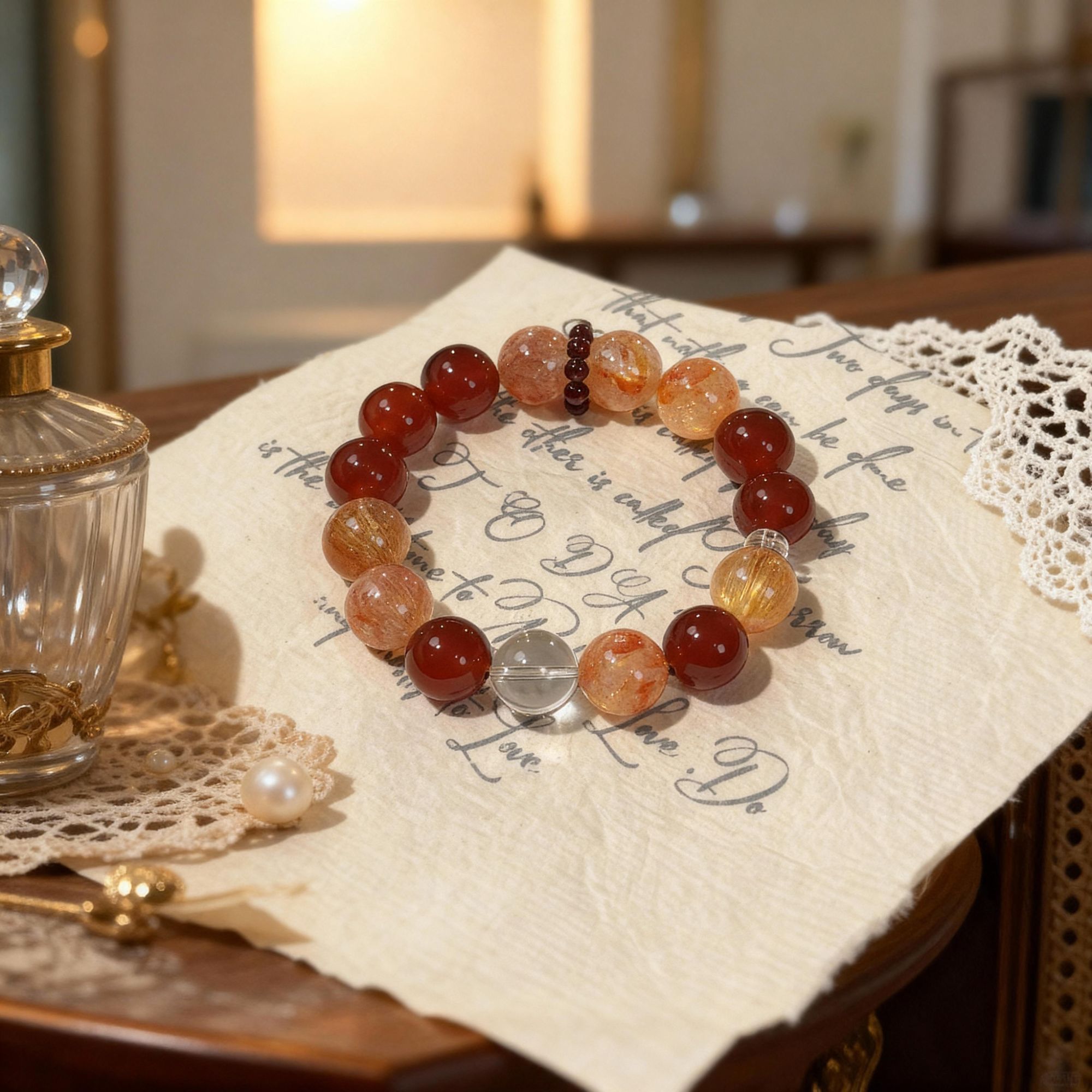 【五台山】天然白水晶胶花红玛瑙石榴石手串（多样性发货 默认微瑕）