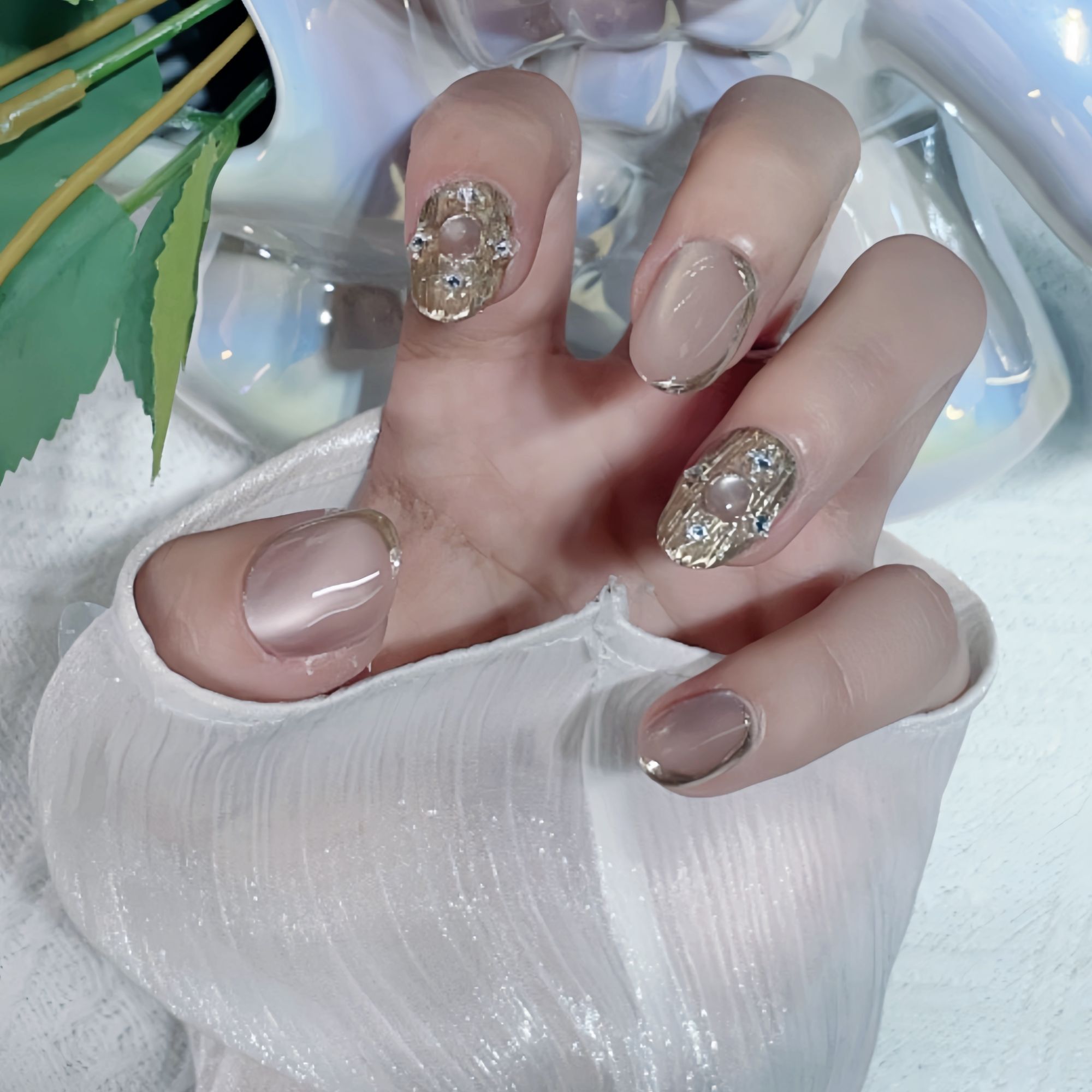 【鎏金雾粉】038粉金雕花立体金属纹水钻点缀轻奢复古手工穿戴甲