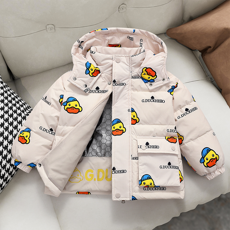 儿童羽绒服加厚款卡通女保暖时尚男短款冬装秋冬连帽黑金外套