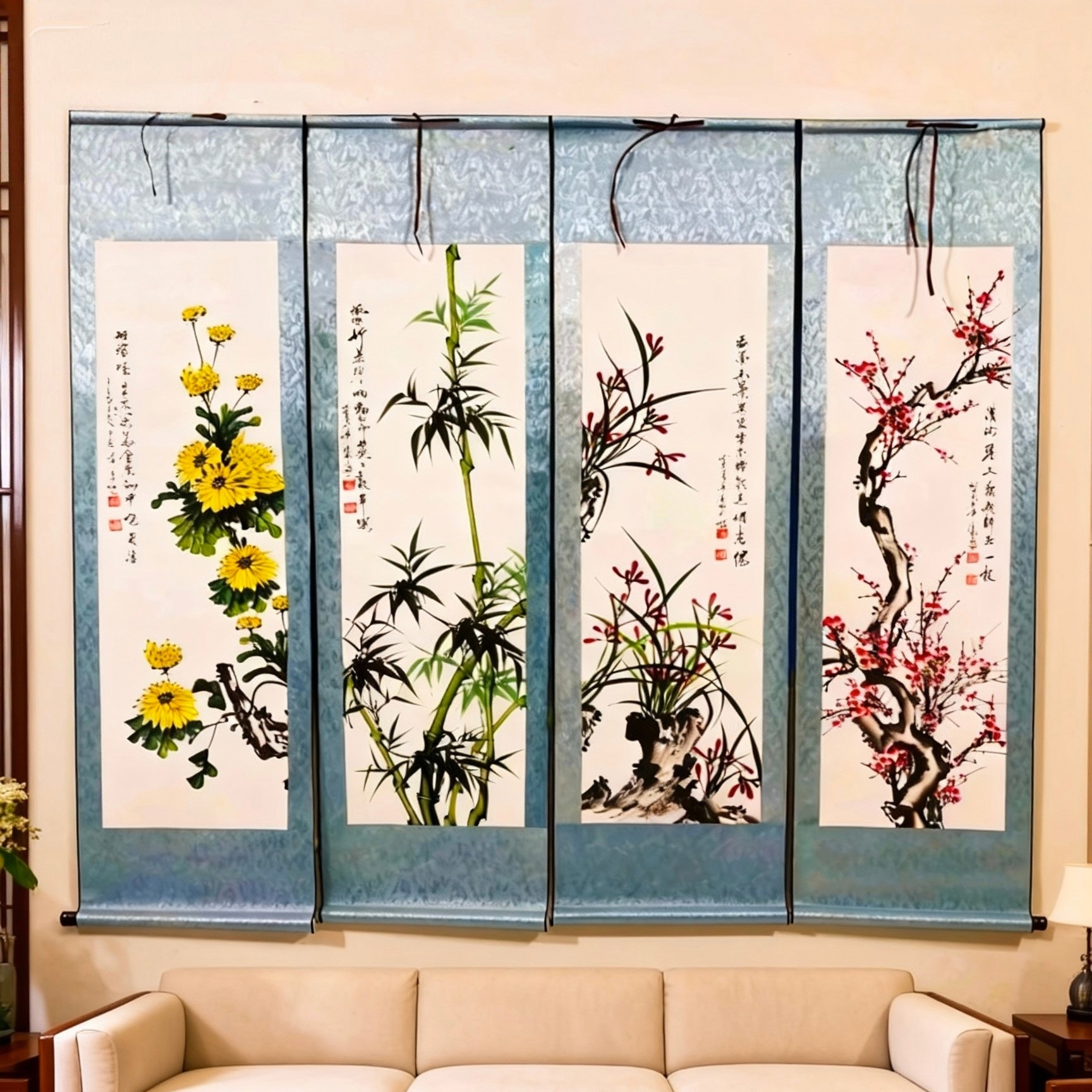 梅兰竹菊四条屏国画卷轴装裱宣纸托底书房茶室背景墙装饰挂画