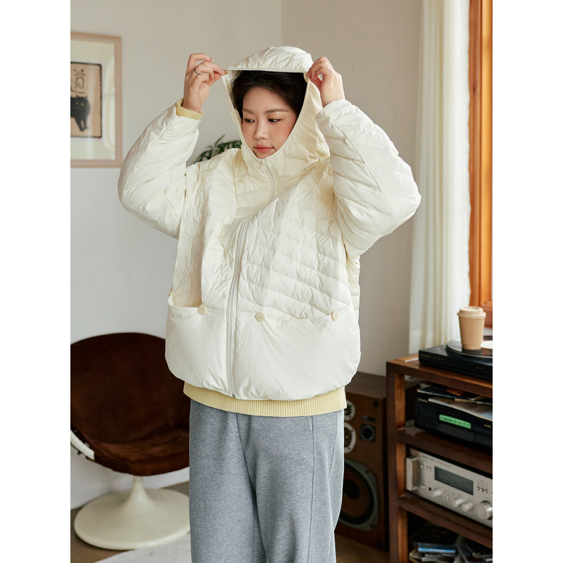 ALINDM【轻羽排骨】大码微胖mm廓形结构感拼接连帽羽绒服 AS27280