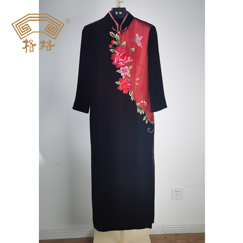 丝绒拼接醋酸缎立体绣花长袖旗袍G64PQ020037