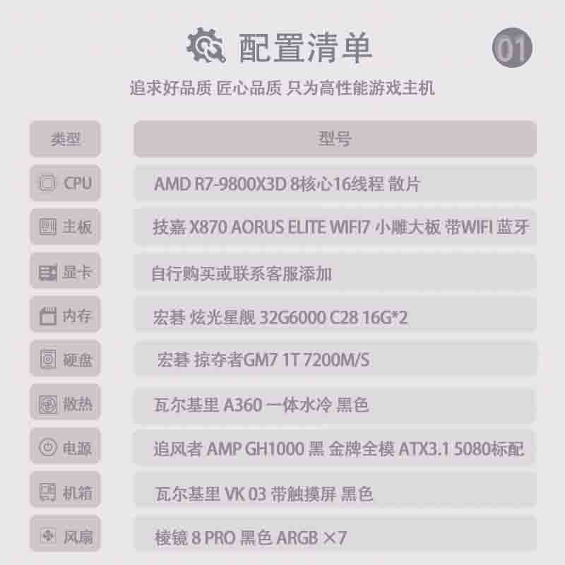 9800X3D无显卡5080 5090 过度主机,高配电脑主机，畅玩网游3A大作，