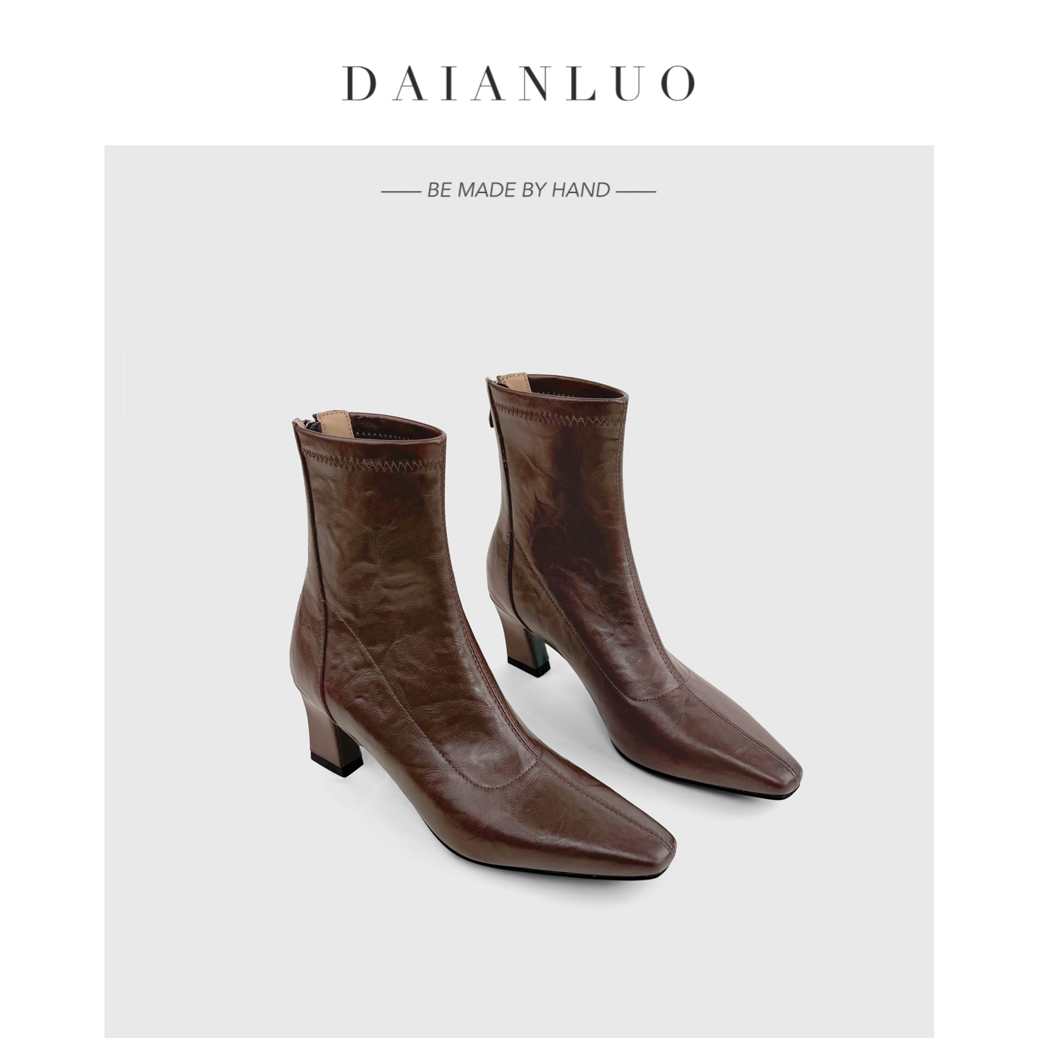 【跟高6cm】显瘦复古真皮瘦瘦靴方头秋冬新款高跟短靴粗跟弹力靴女