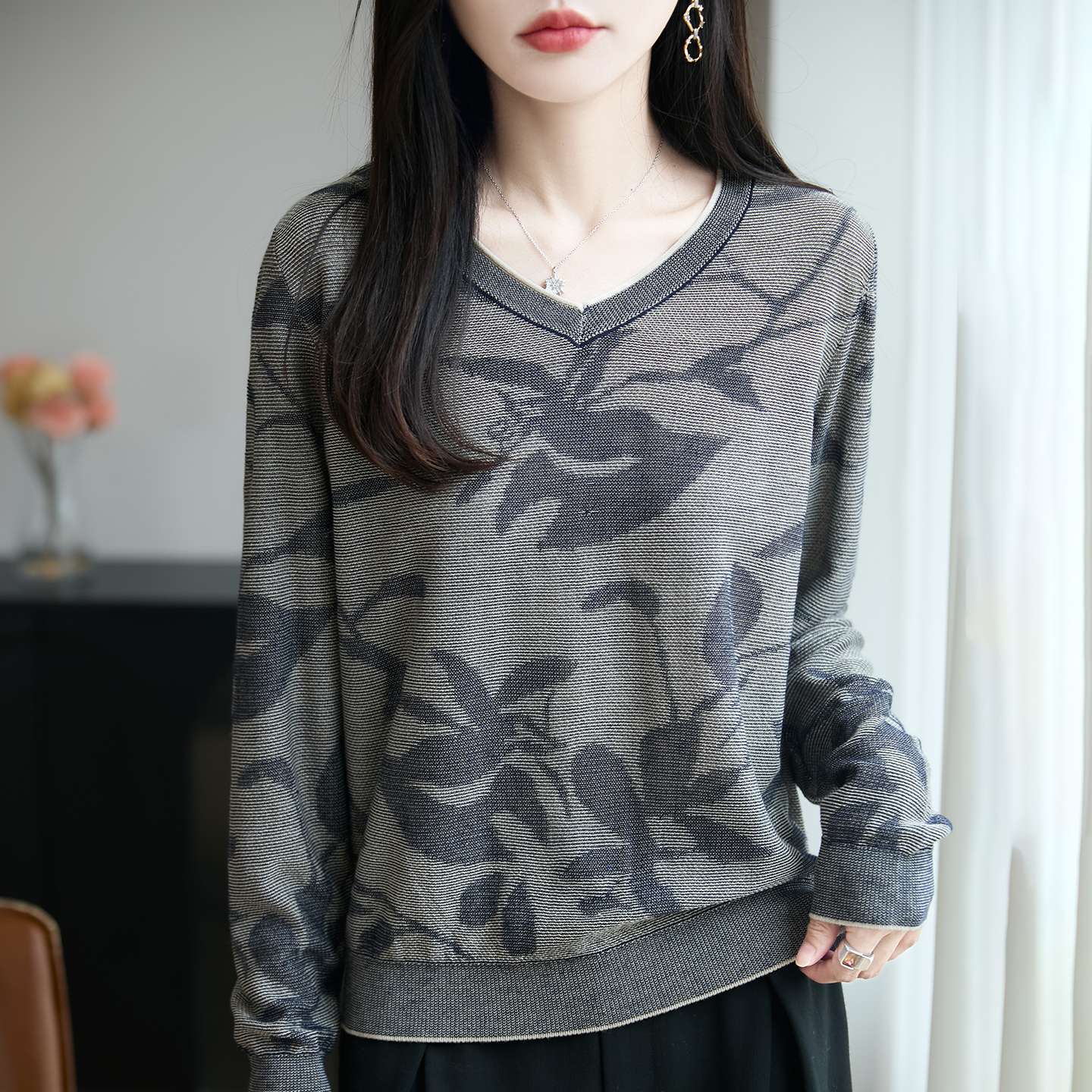 【柔软~亲肤】复古提花V领精纺羊毛针织衫毛衣百搭时尚秋季女长袖