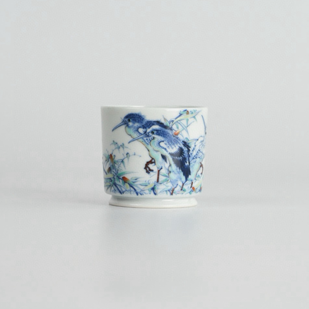 手作六逸堂青花斗彩夜鹭三思容天杯