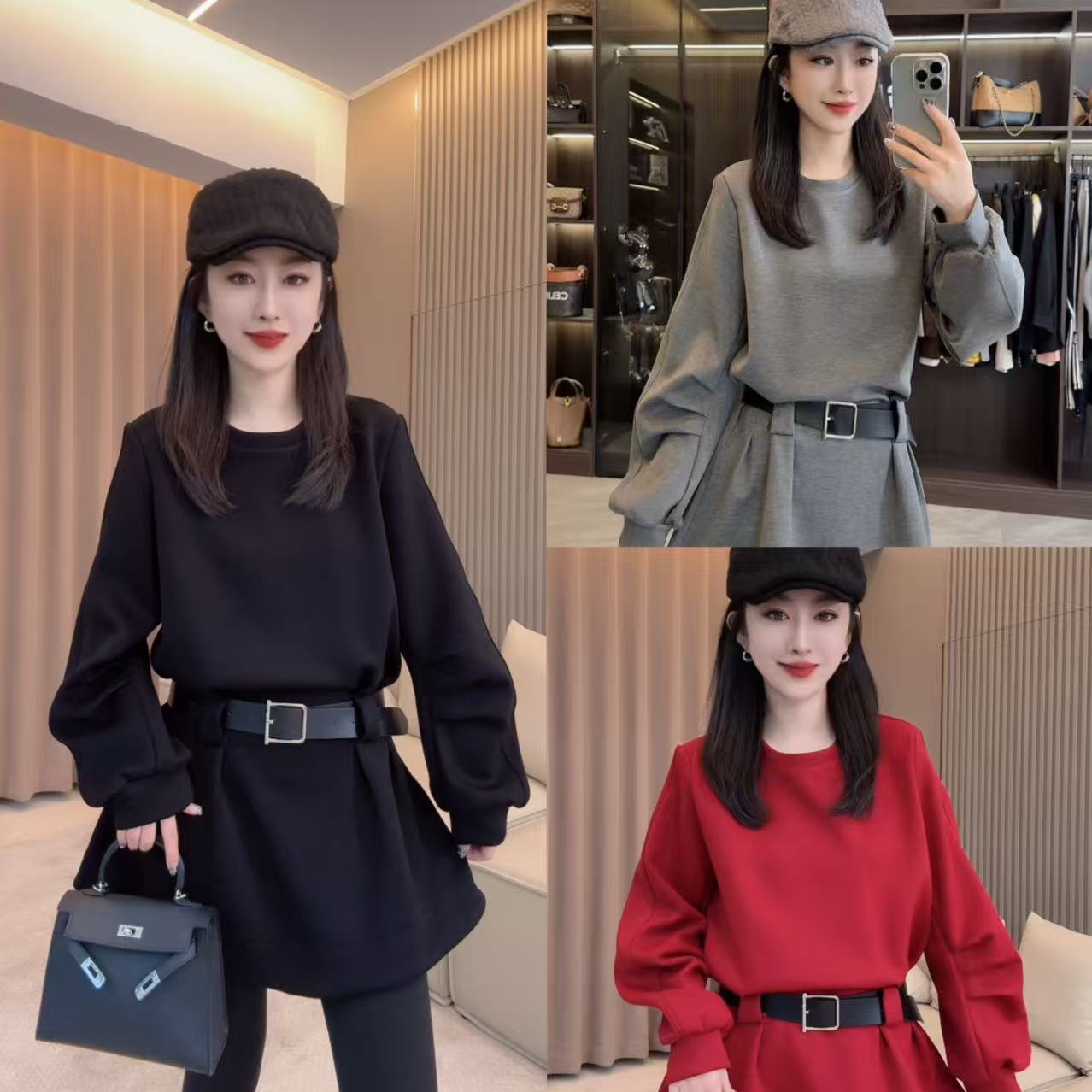 【CL·丽丽家】冬季收腰显瘦小众洋气长袖圆领卫衣裙（送腰带）971