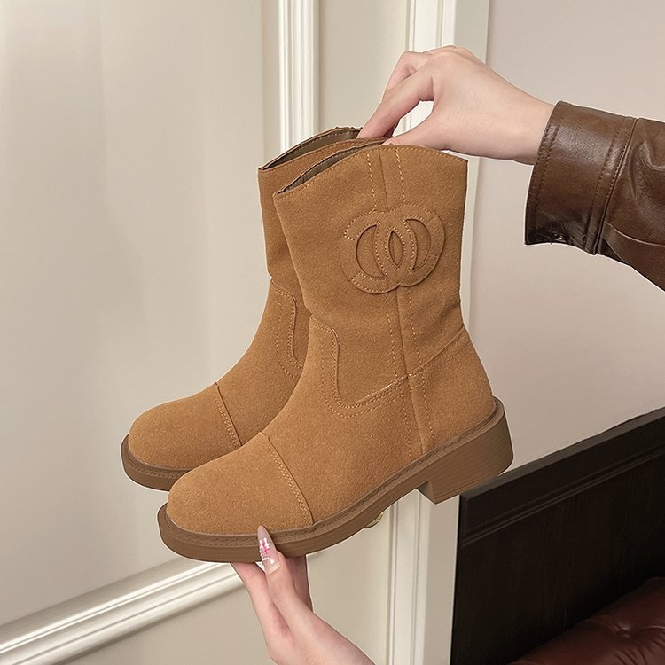 小香风复古磨砂马丁靴女秋季新款百搭显瘦粗跟单靴洋气小短靴