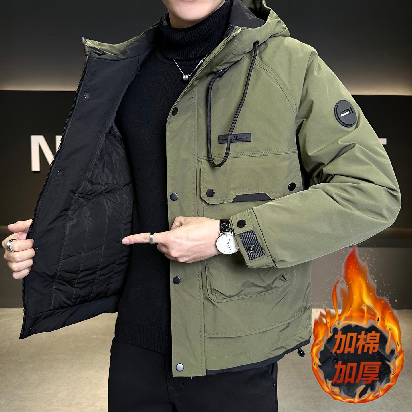 连帽二棉青年夹克冬季男休闲高级感潮流加棉加厚工装棉服时尚外套