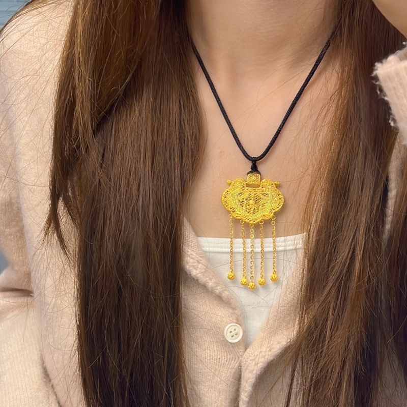 吊坠925银珐琅 天子门生吊坠镂空流苏锁包国潮錾刻挂坠编织绳