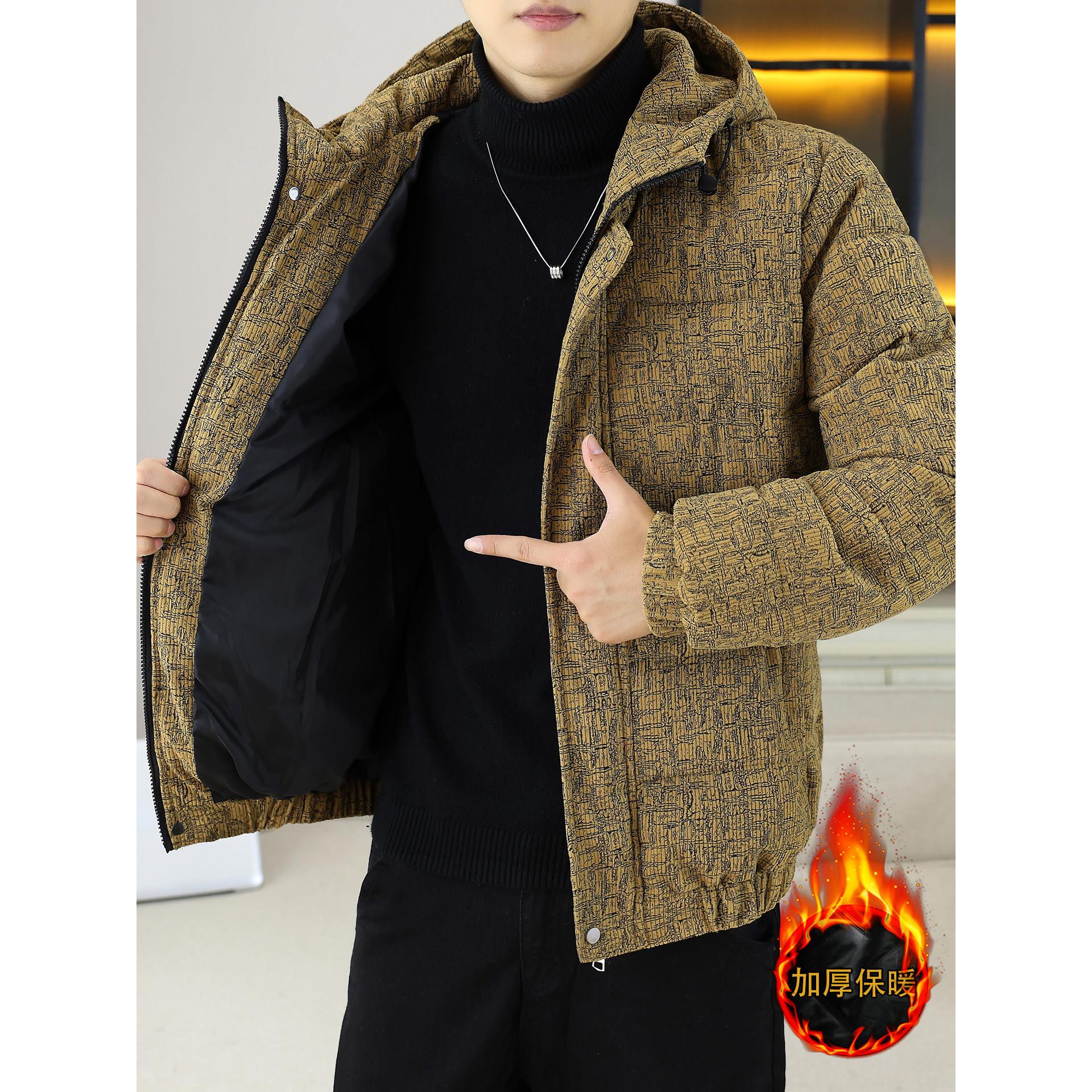 灯芯绒男士棉衣外套男款冬季新款潮流休闲连帽印花加厚棉服棉袄男