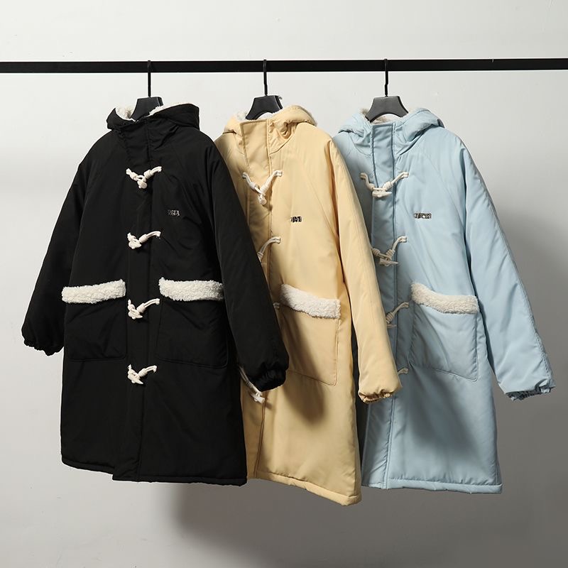 D26 010313 新款甜美风牛角扣中长款棉服女拼接连帽棉衣外套