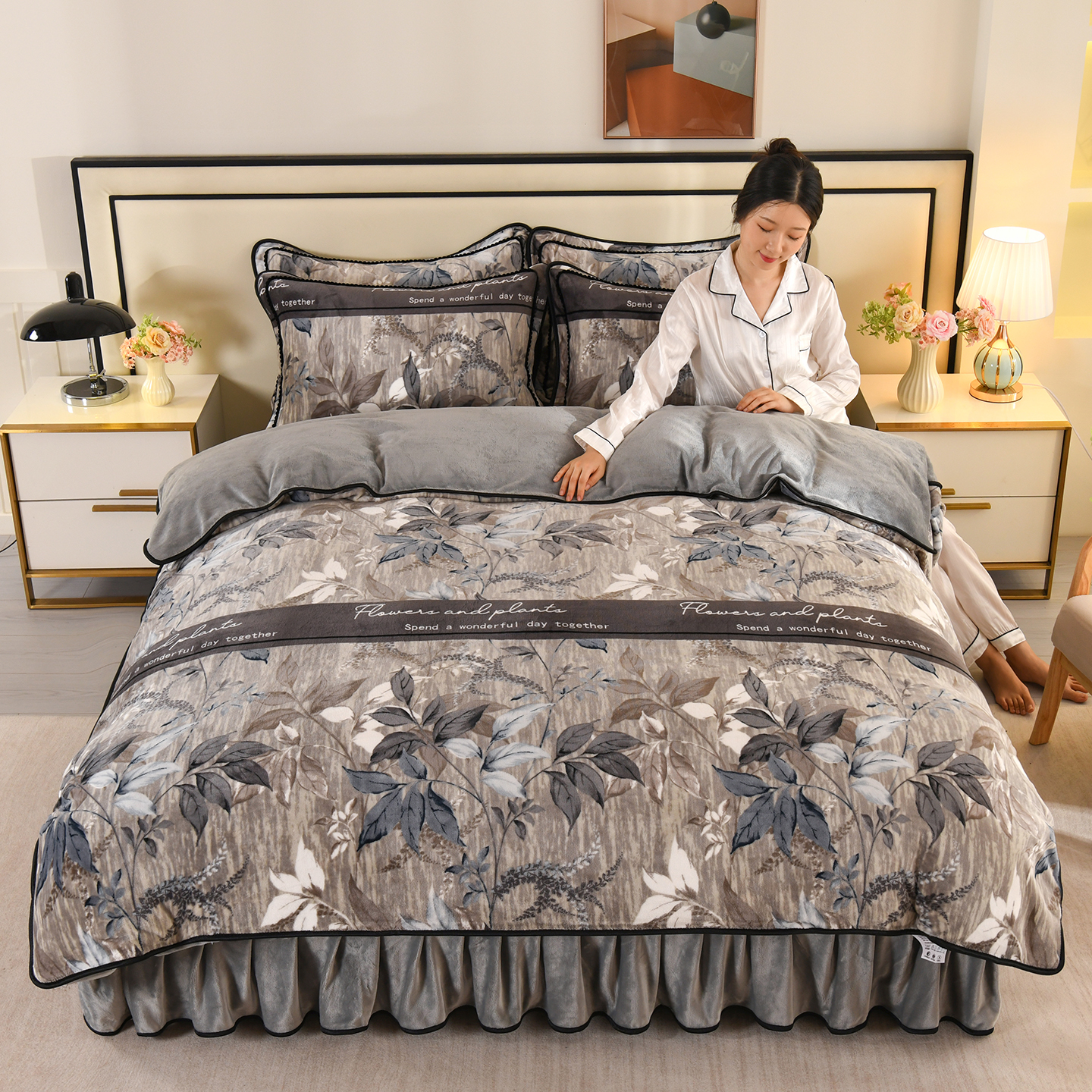 【高克重约9-10斤牛奶绒】加厚床裙款四件套高档双面绒轻奢毛绒