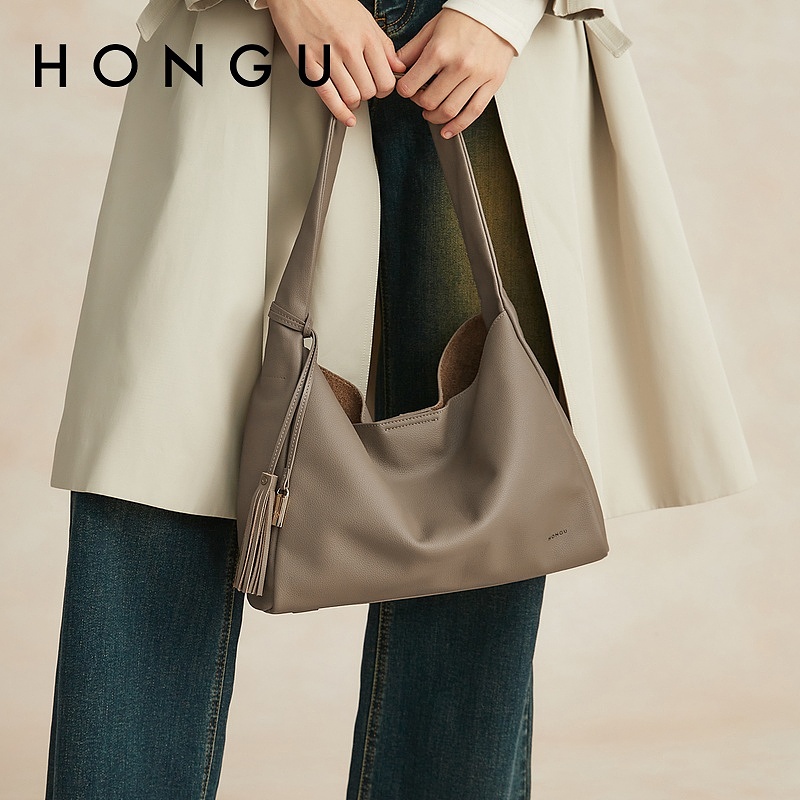 HONGU/红谷新款真皮单肩腋下包通勤牛皮大容量简约hobo包女士包包