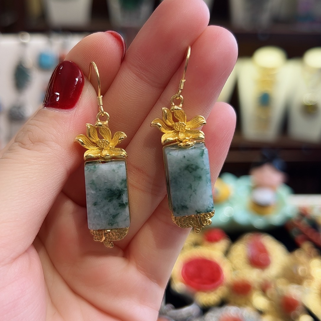 翡翠耳饰银S925镶嵌耳环