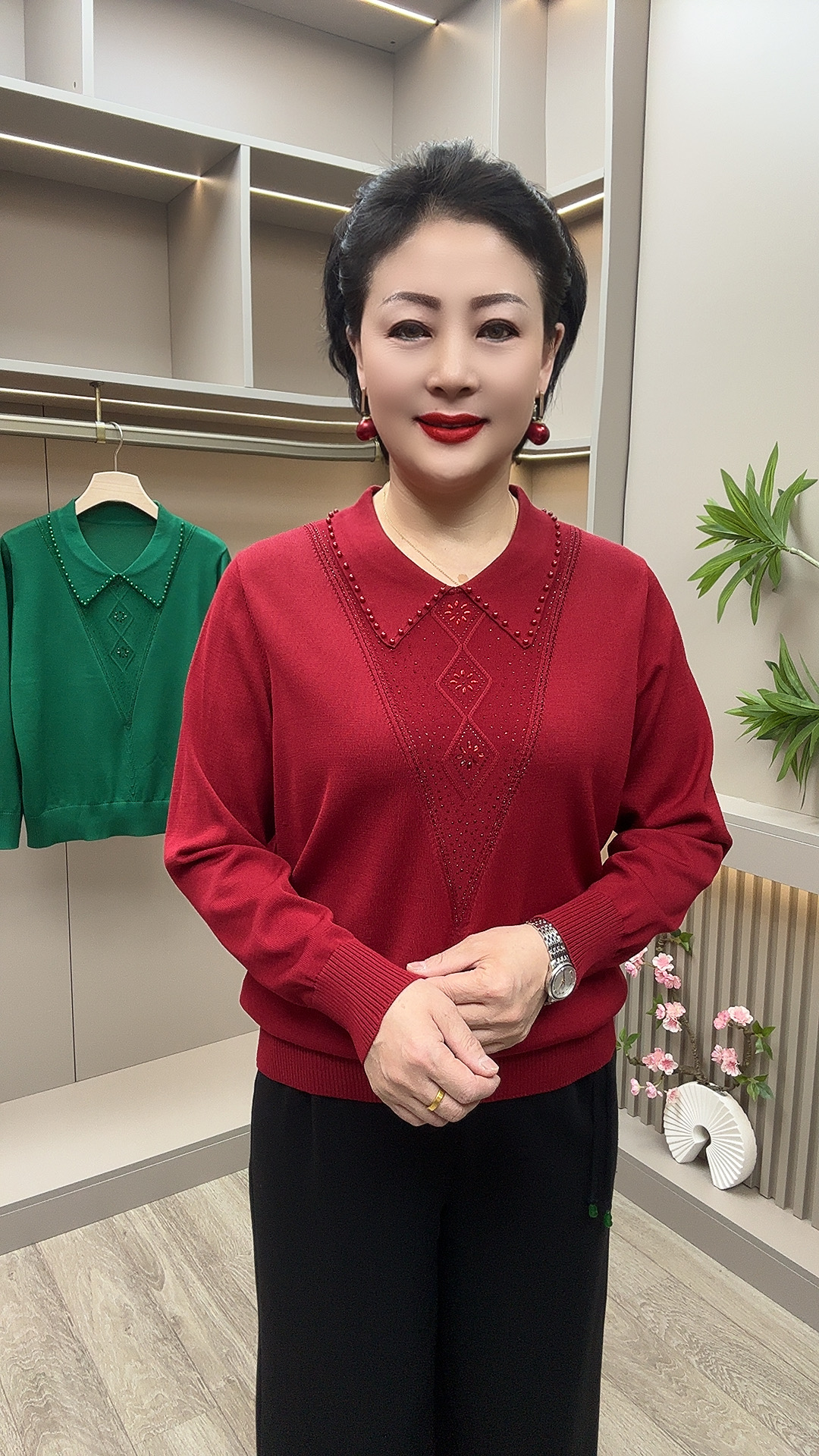 CL#新款时尚气质翻领套头领珠针织衫，衣长60