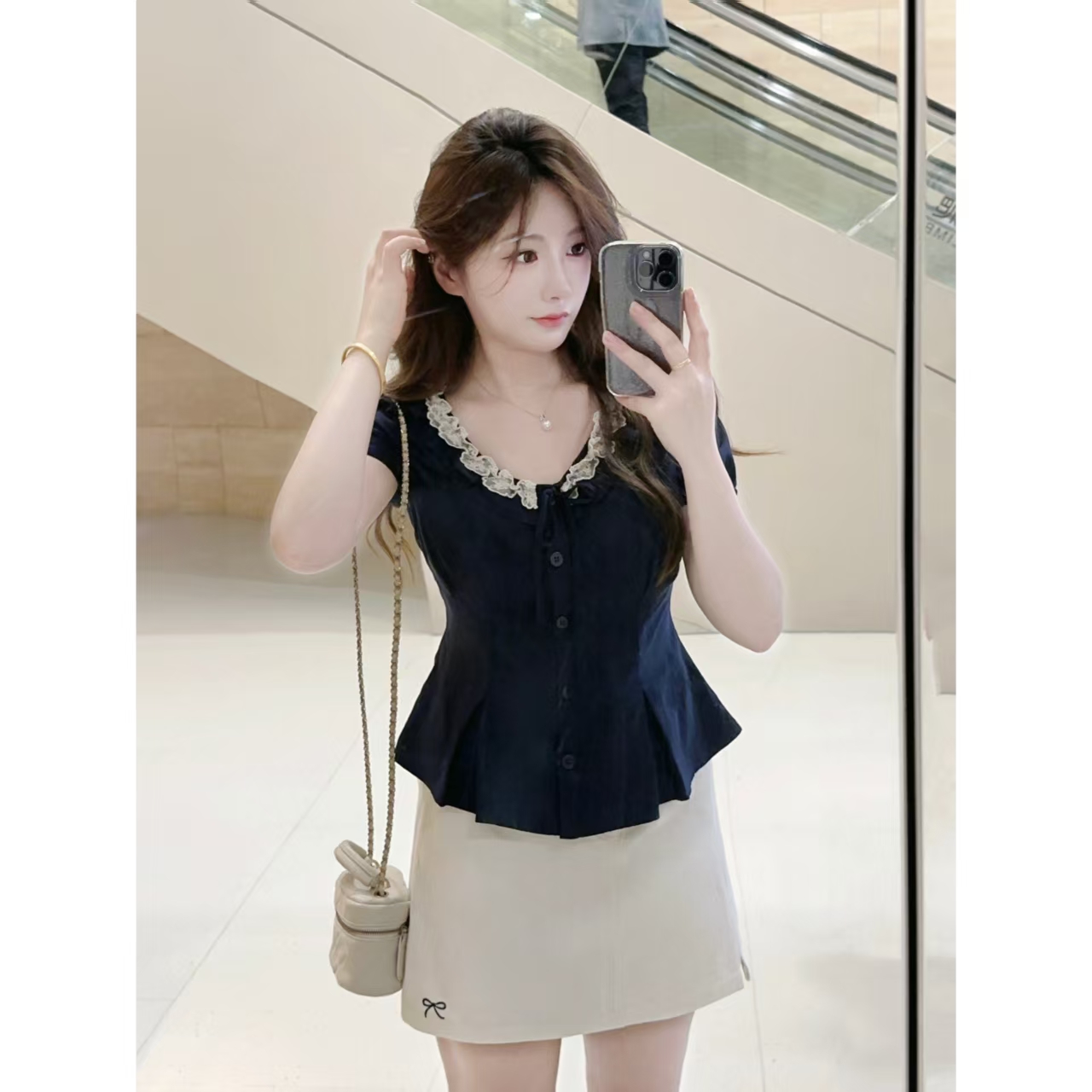 【小也】法式蕾丝领口收腰藏青色上衣+白色短裙两件套WP9844+WP9858