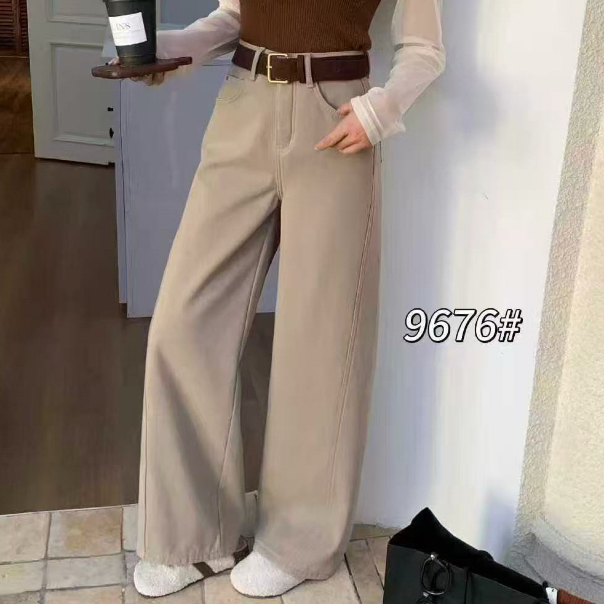 9676冬季加绒加厚中高腰百搭牛仔直筒裤显瘦女裤