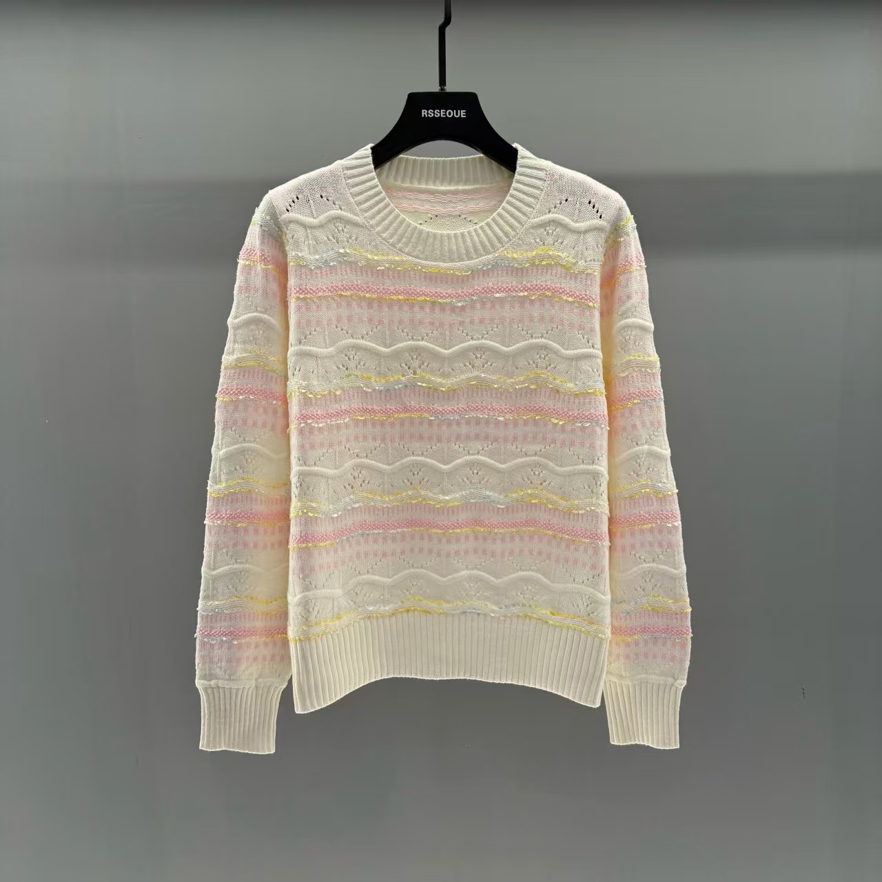 法式减龄撞色条纹镂空V领长袖温柔风宽松慵懒针织开衫X259