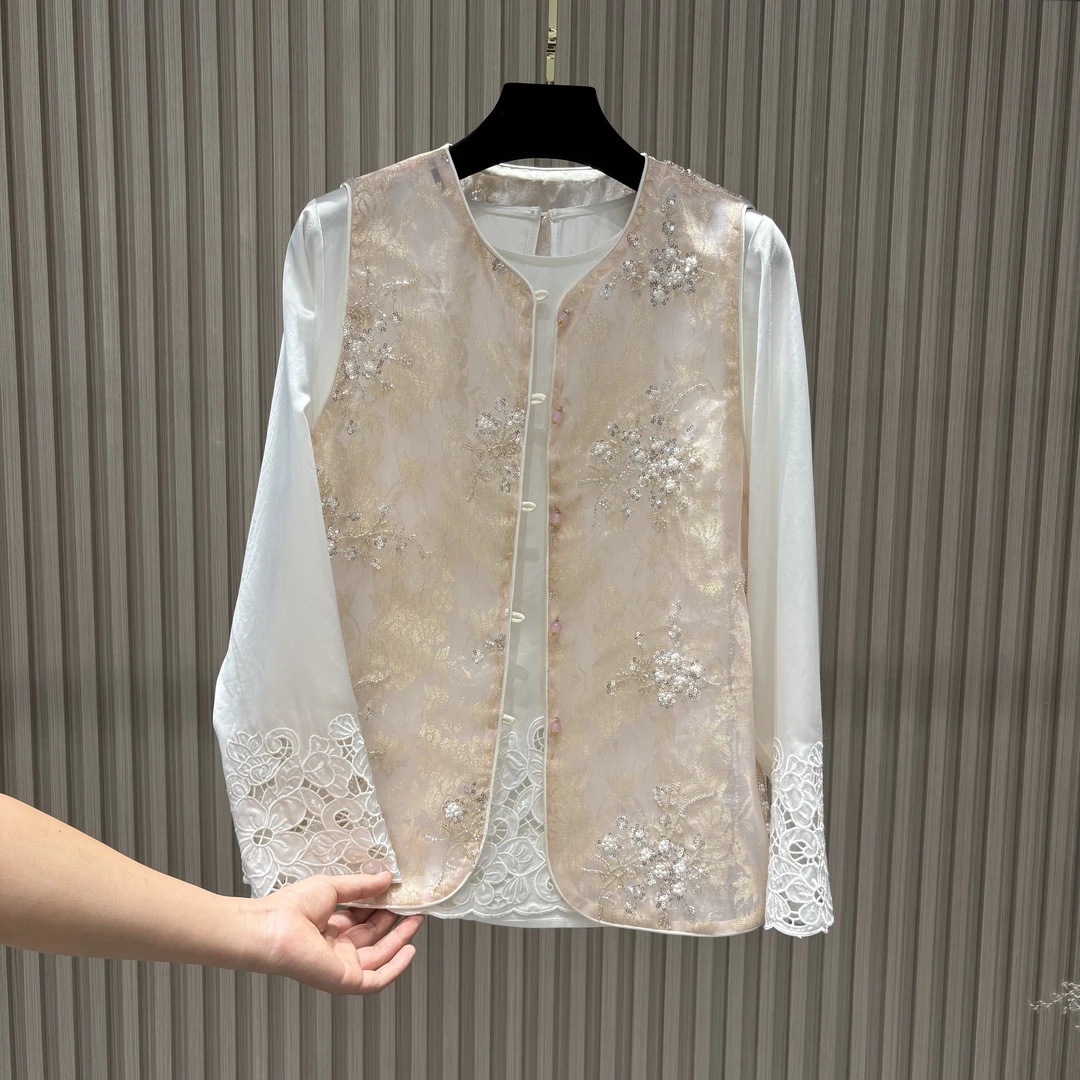 春夏桑蚕丝粉紫色新中式国风刺绣马甲夏季绣花提花时尚百搭马夹