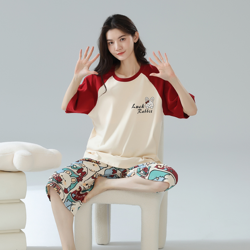 睡衣女款爆款2025新款夏季100%棉家居服套装卡通簿款短袖七分裤