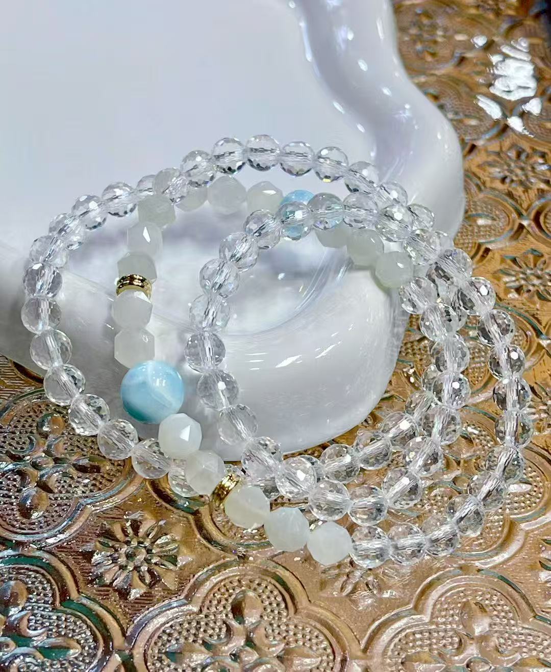 天然白水晶双A128刻面三圈手链