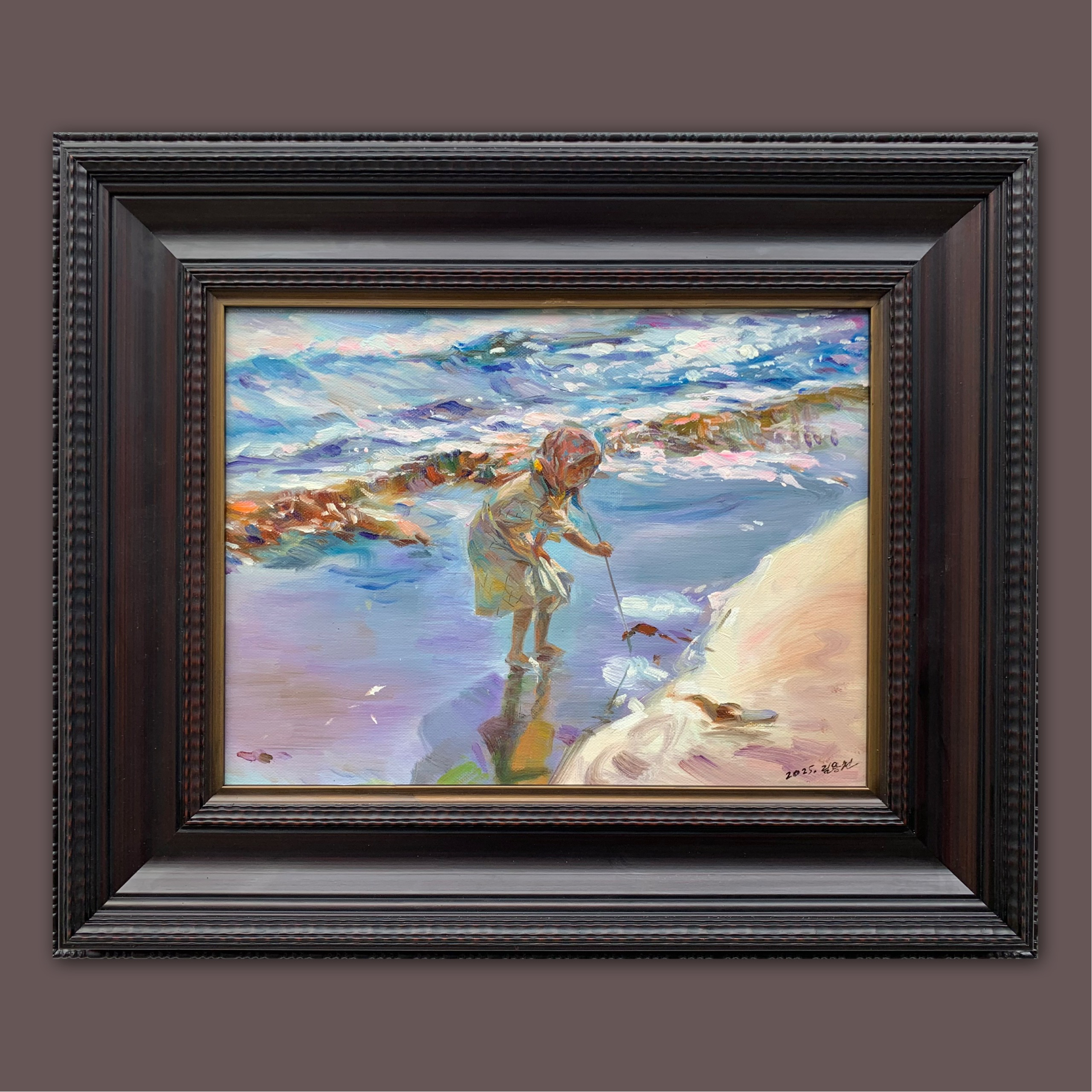 艺弘羽艺术 原创风景《海畔童趣》油画收藏 带框尺寸51-61cm