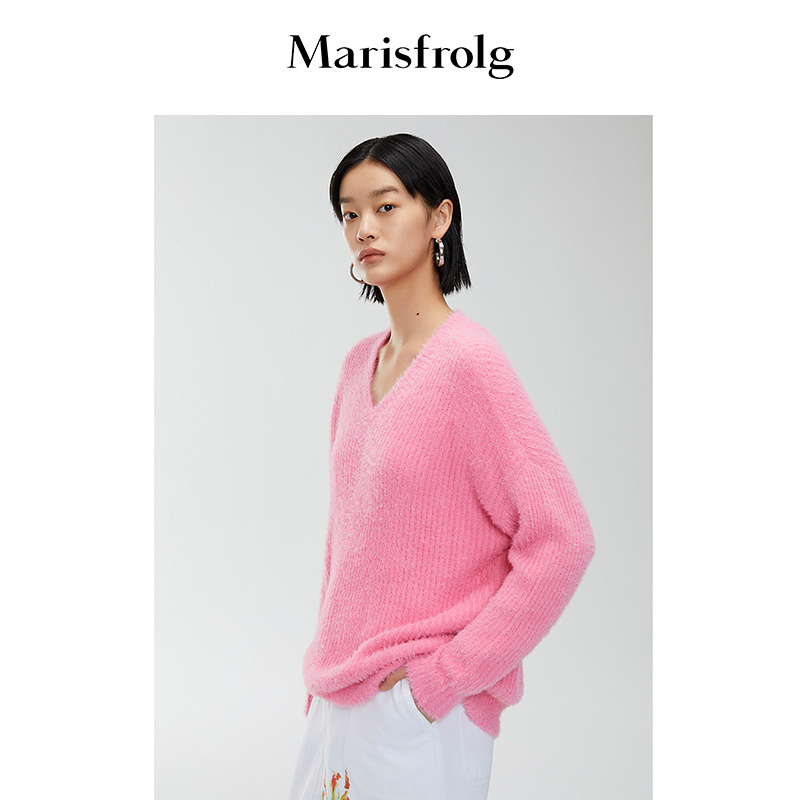 【达人专享】玛丝菲尔时尚v领宽松通勤套头纯色打底针织衫
