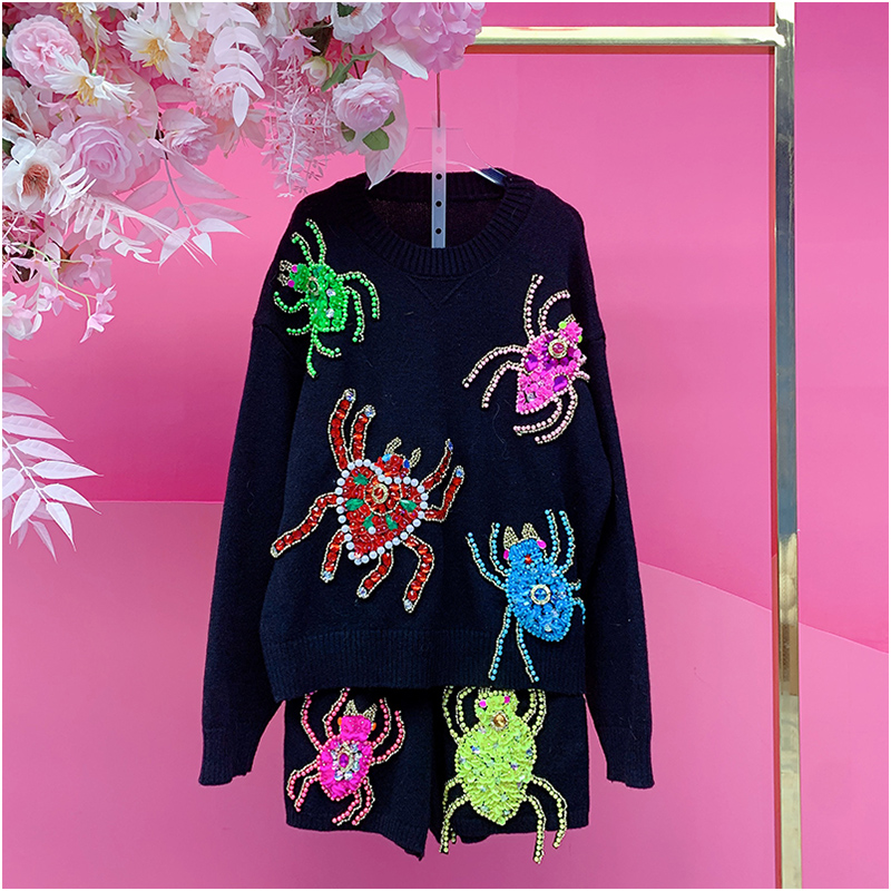 QD1733欧美设计师2025冬季新款重工刺绣亮片钉珠蜘蛛毛衣套装女