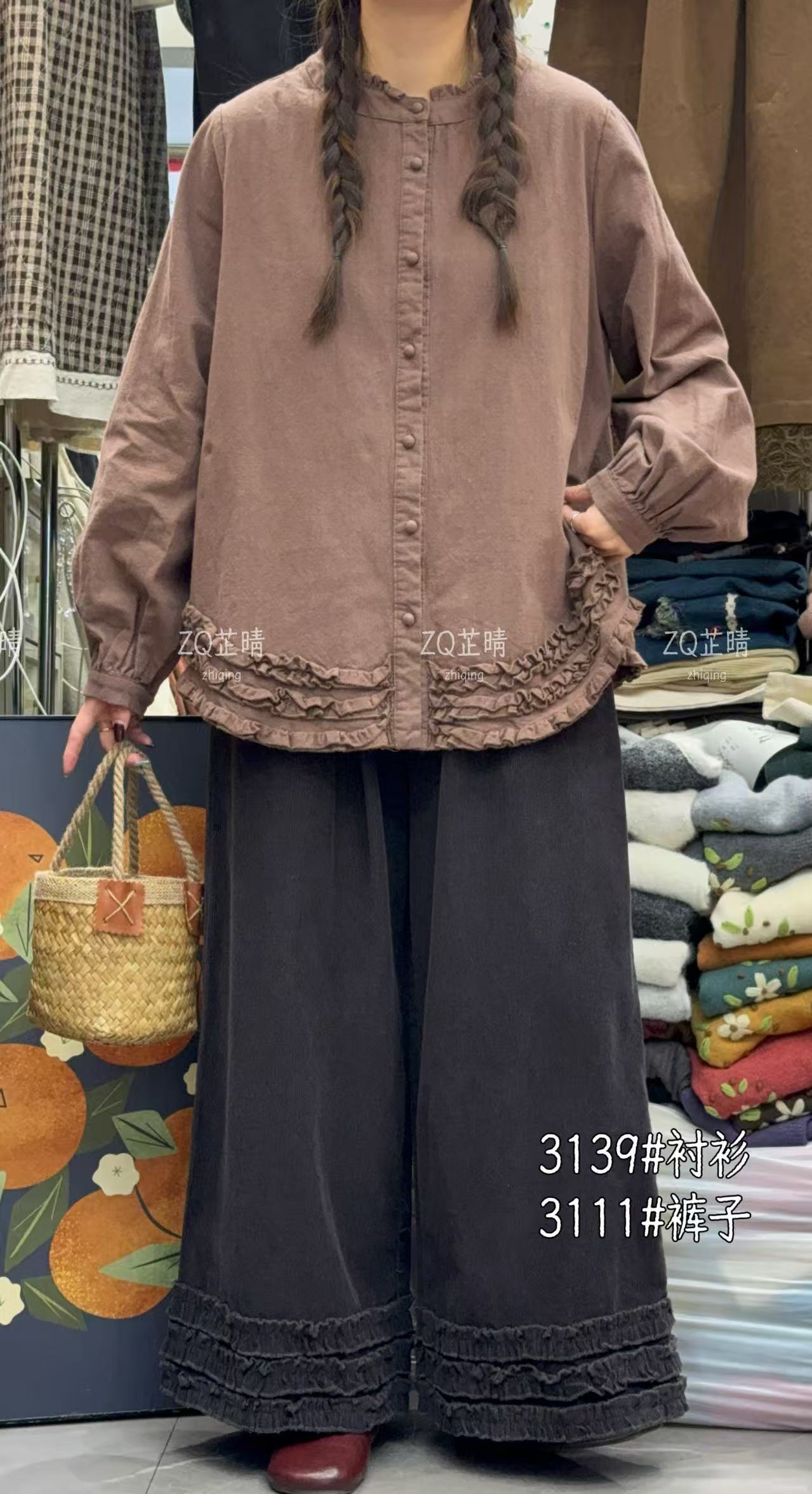 ZQ#3139#加毛加厚棉麻衬衫  FL