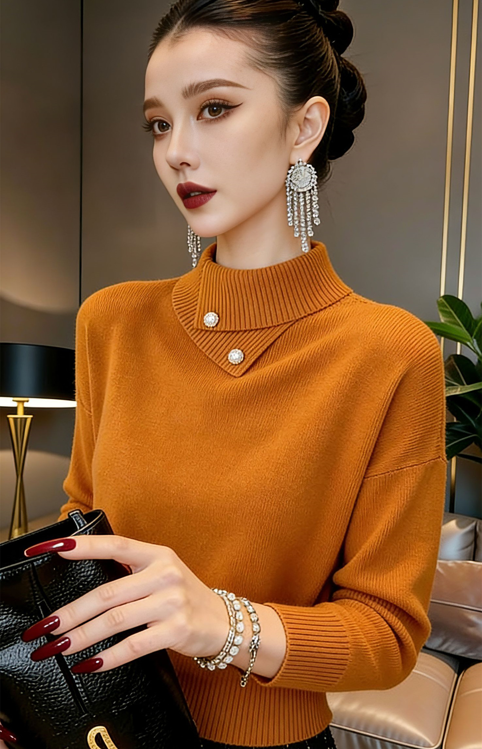 2025秋冬新款设计感半高领针织衫女长袖韩版显瘦遮肉百搭打底上衣