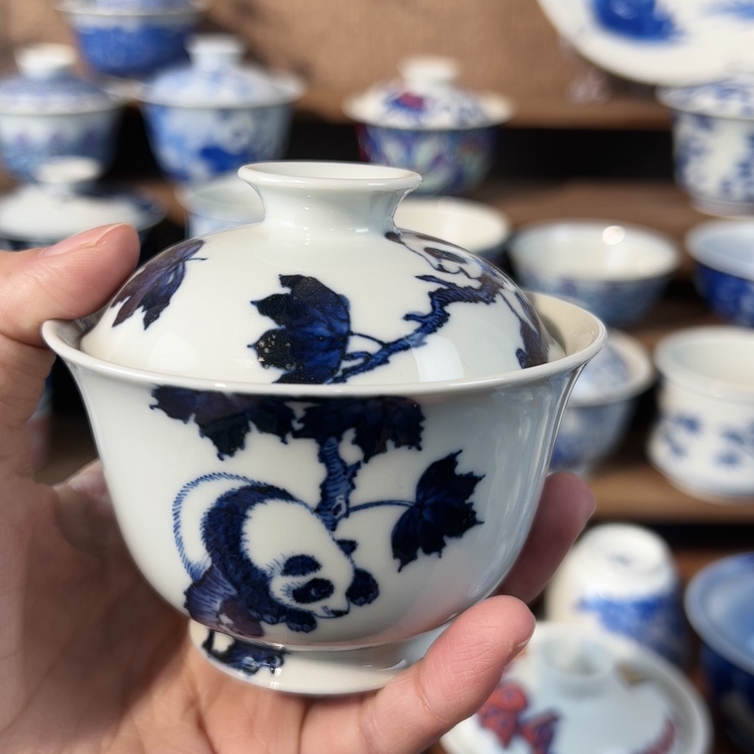 泥藝瓷梦熊猫盖碗