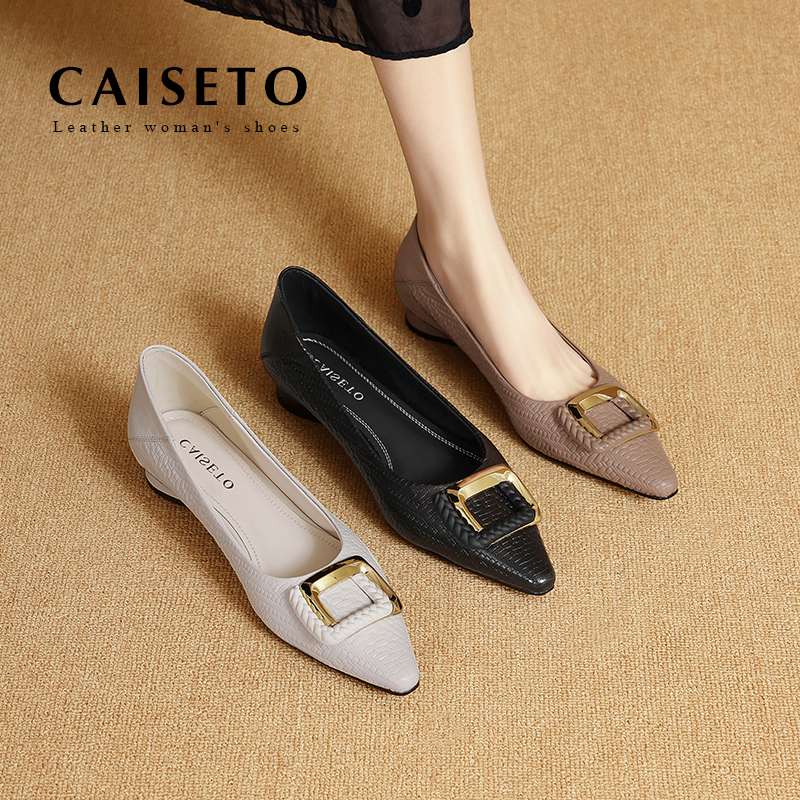 【黑色】羊皮/2.5cm2025夏季编织压花气质软底软面打扣单鞋25D434