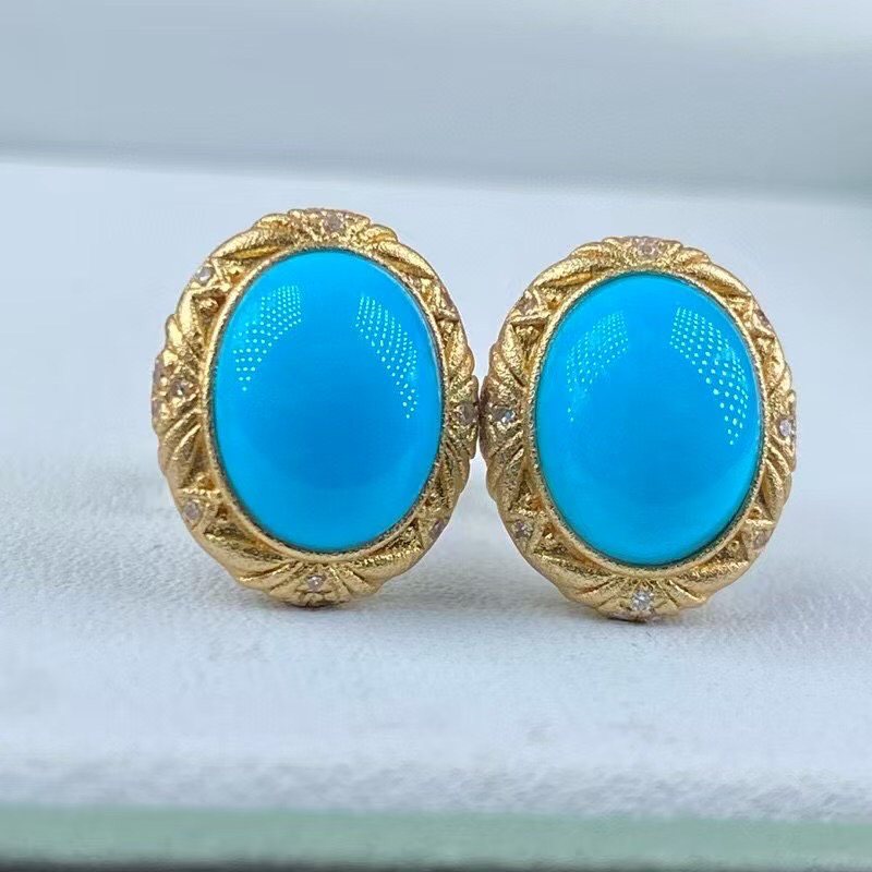 石方珠宝精品原矿绿松石耳钉，18k金