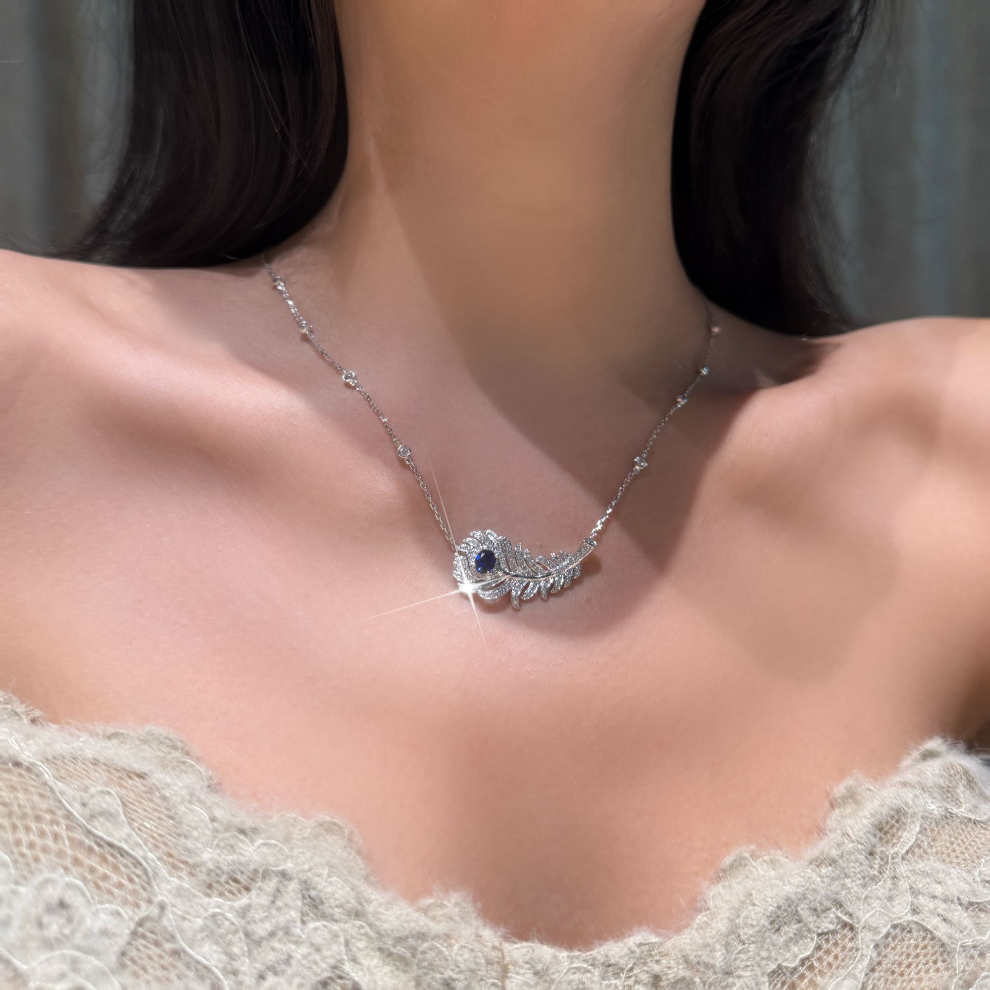 QANNA【蓝色羽毛】【大钻重金版】轻奢时尚网红名媛设计款钻石项链AY