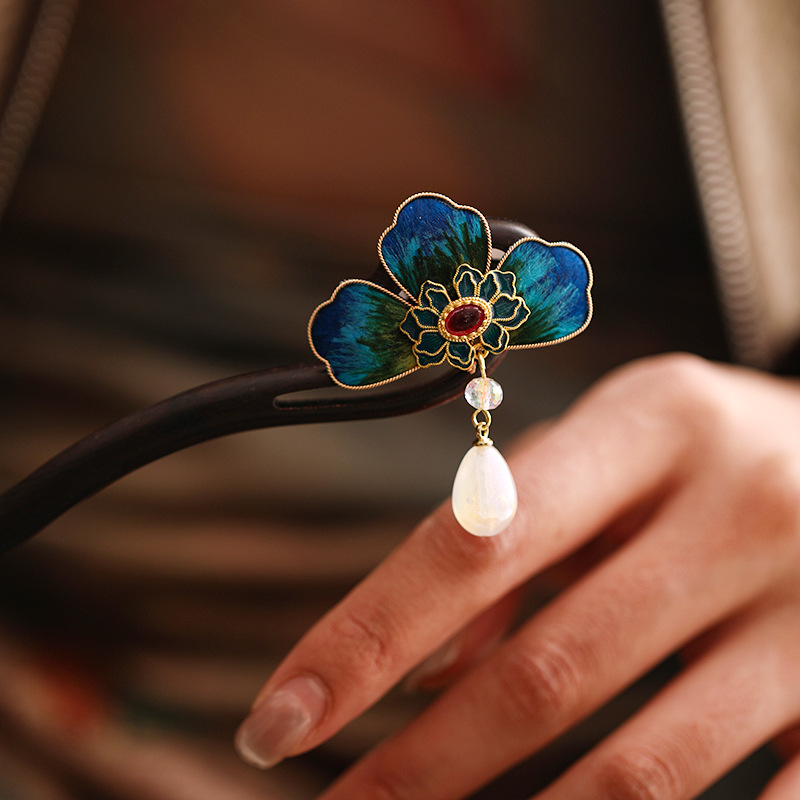 非遗绒花发簪流苏古风带木簪檀木发簪新中式发钗头饰发簪单双簪