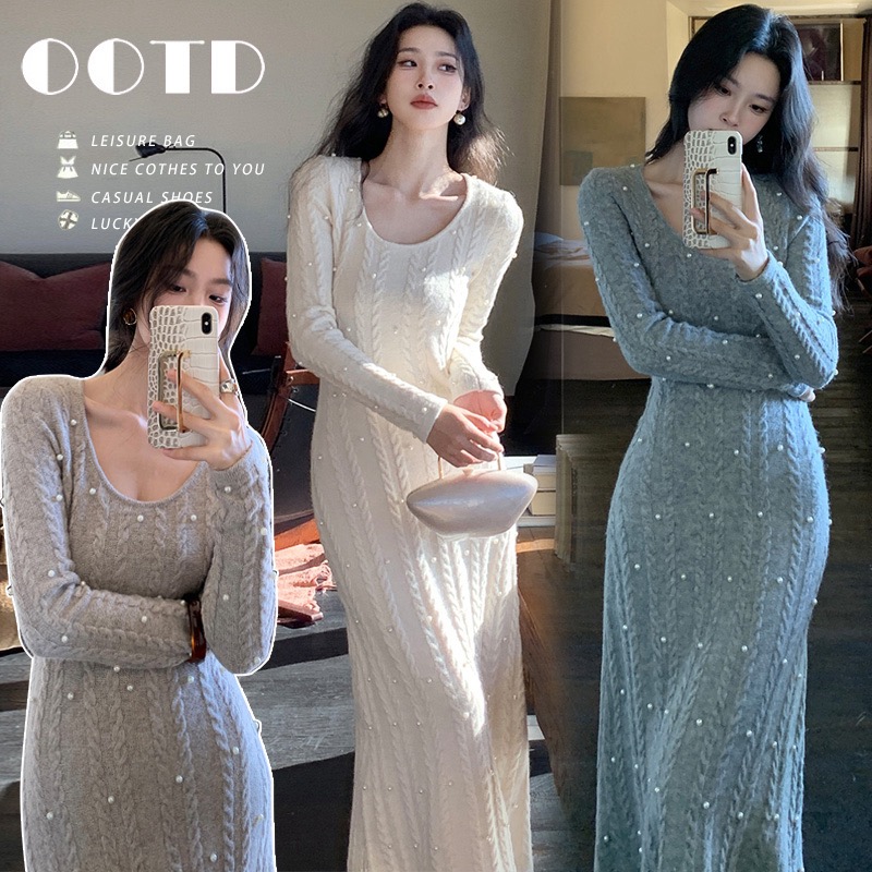 孕妇装2025秋冬新款高级设计手工钉珠法式茶歇裙修身百搭连衣裙