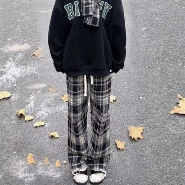 复古格子裤男秋冬2025年新款长裤垂感宽松加厚休闲直筒毛呢阔腿裤