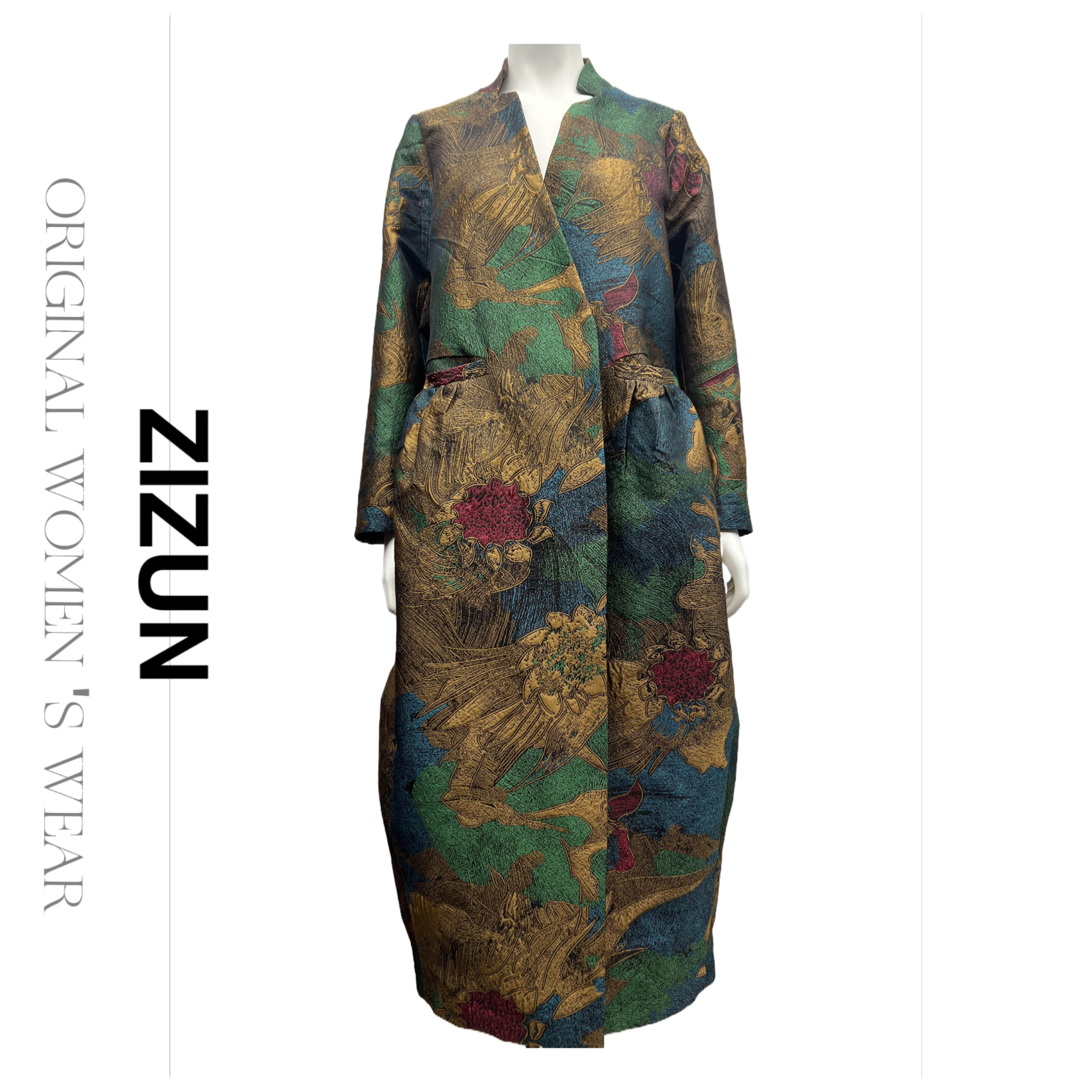 ZIZUN/姿尊秋冬季浮雕提花宽松女士风衣外套