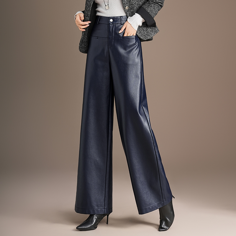 高级感皮裤显瘦气质阔腿裤女2025秋冬季新款pu皮藏青色高腰休闲裤