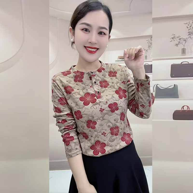 春秋季新款打底衫女长袖时尚百搭修身弹力显瘦减龄妈妈装碎花上衣
