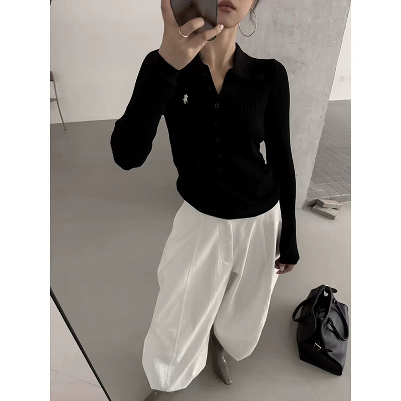 Moses Queen/魔西女王韩系老钱风Polo领长袖衫气质显瘦纯色针织衫