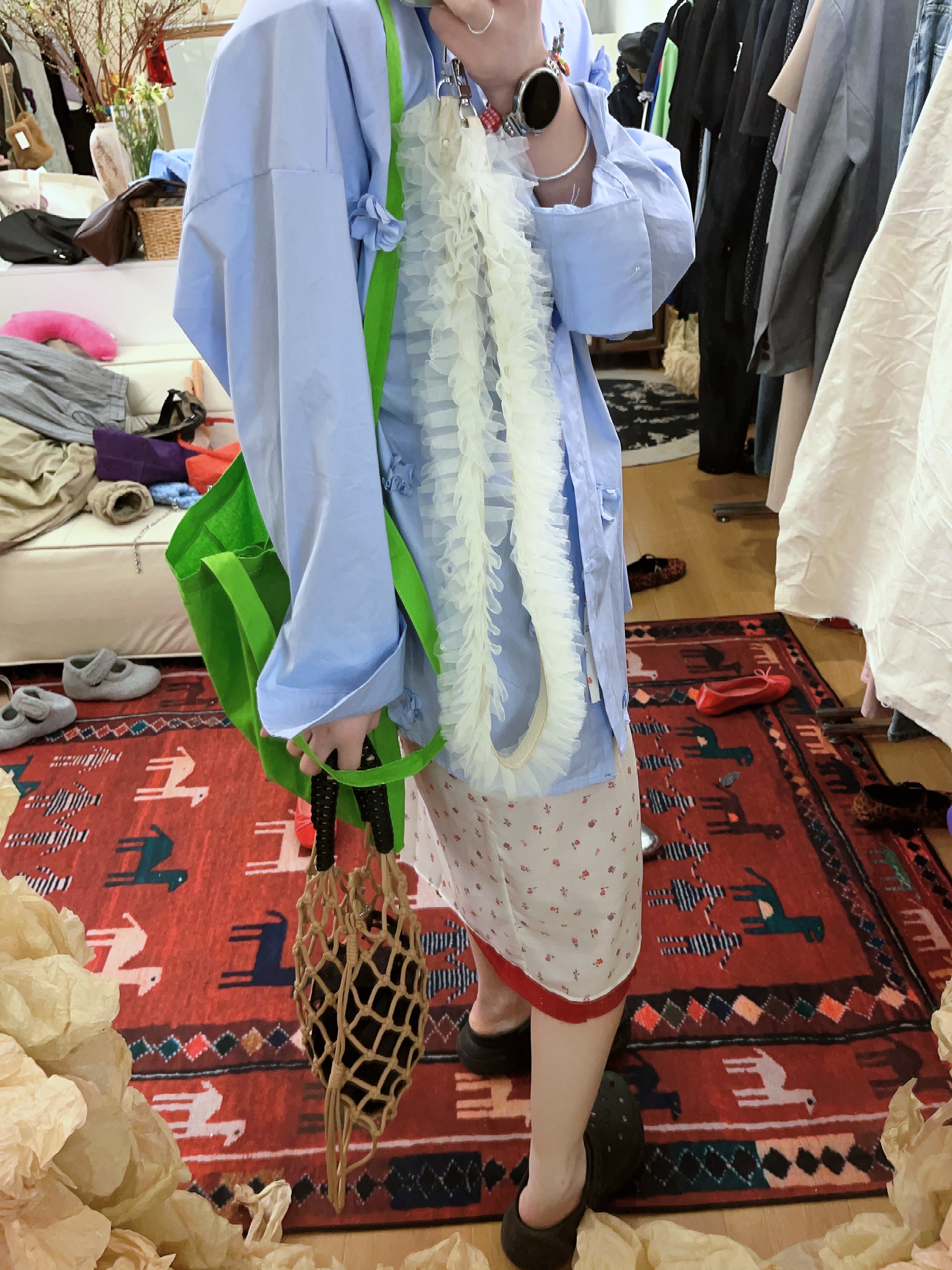 休闲甜美韩系蓝色荷叶领长袖中长款衬衫春秋季女外套衬衣