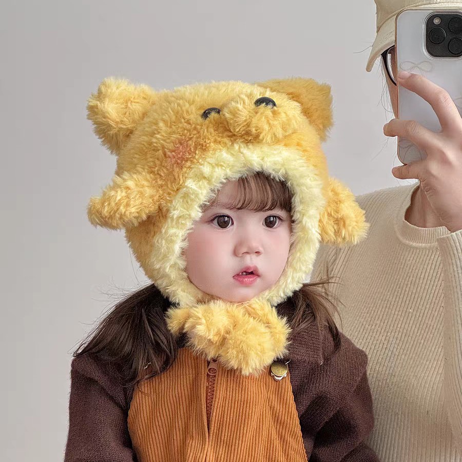 儿童毛绒帽子秋冬季保暖加厚针织护耳帽男孩女宝宝防风卡通毛线帽
