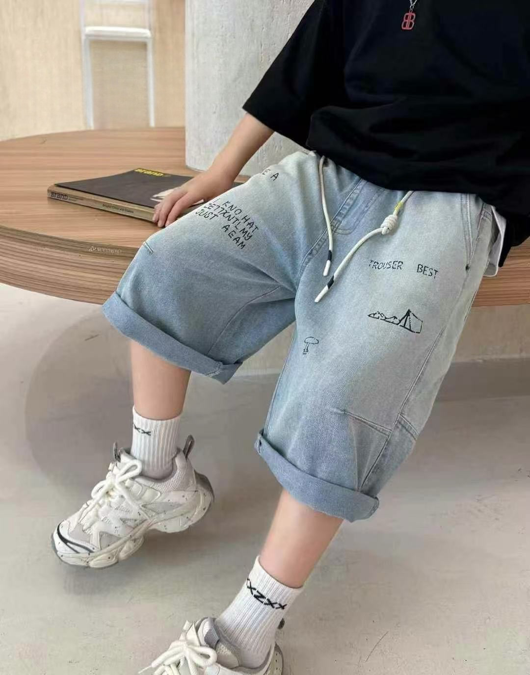 夏季潮童涂鸦牛仔五分短裤66801