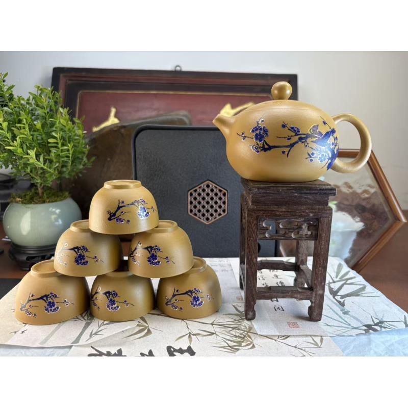 黄段泥【喜上眉梢-鸟】西施壶+6杯+盘-2709
